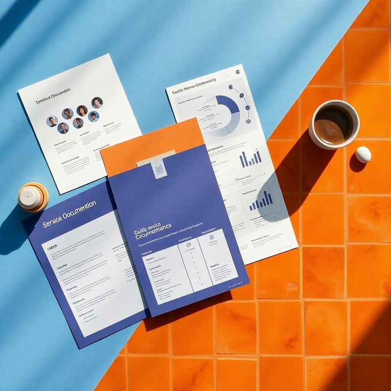 Documentación de servicio y diagramas de flujo sobre escritorio moderno