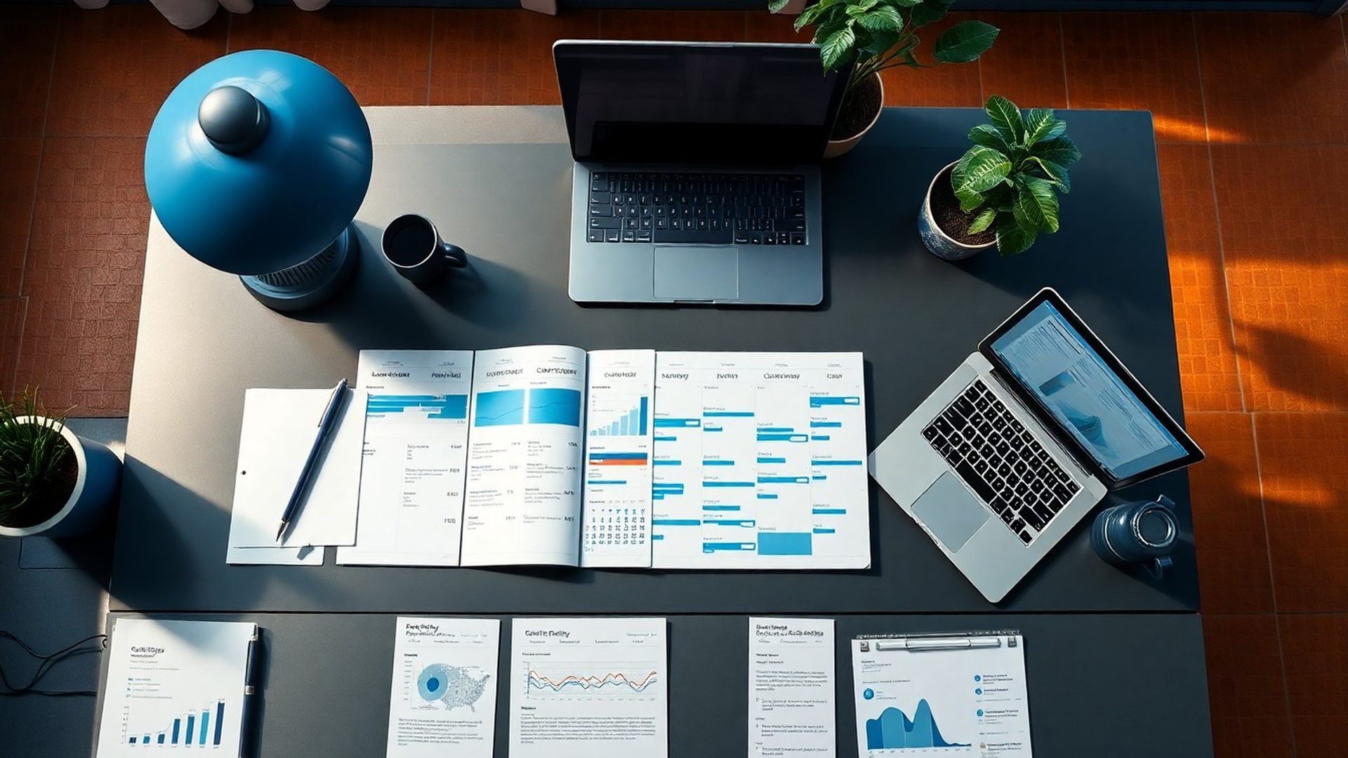 Espacio de trabajo editorial con calendario de contenido y panel de analítica