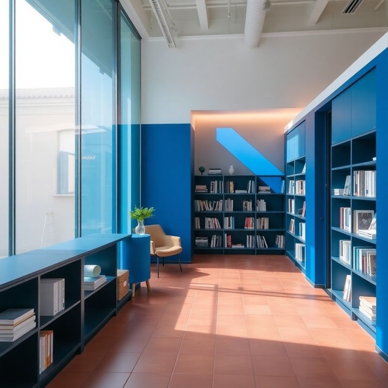 Interior de oficina moderna en Madrid con estanterías estructuradas y luz azulada