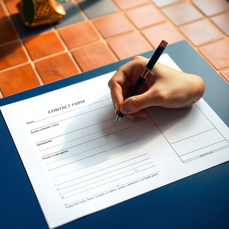 Mano profesional escribiendo sobre un formulario de contacto en un escritorio índigo